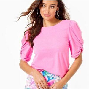 Lilly Pulitzer Elisabette Top Prosecco Pink Ruched Sleeve Women's Size Medium Ne